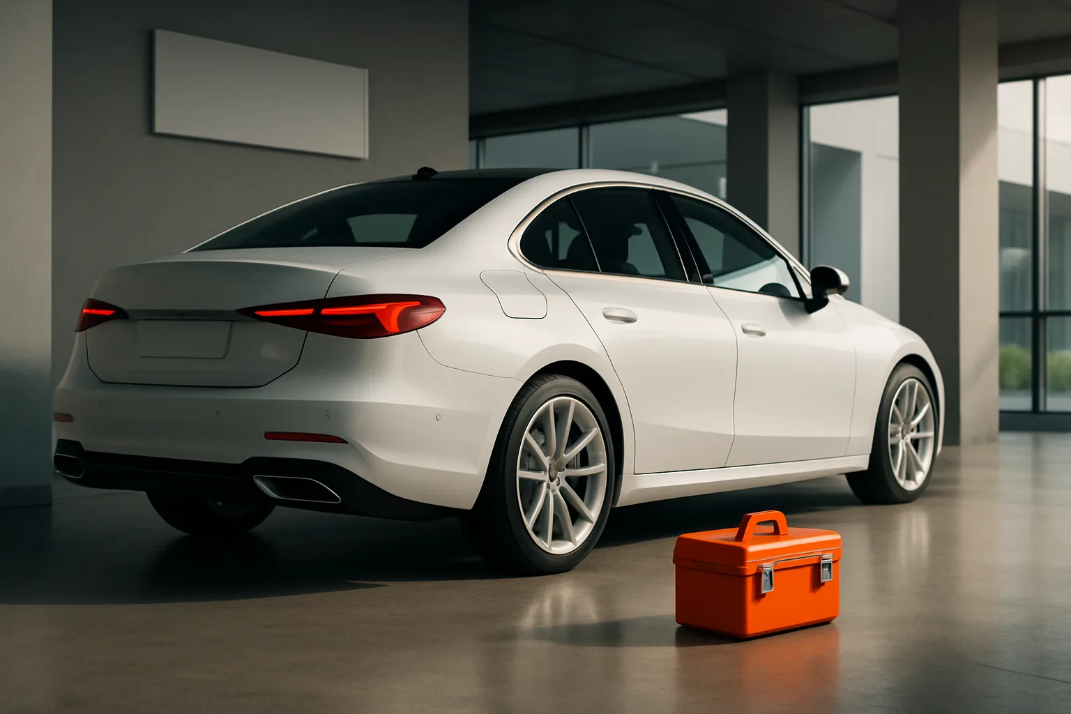 A sleek white sedan parked indoors near a bright orange box resting on the smooth concrete floor