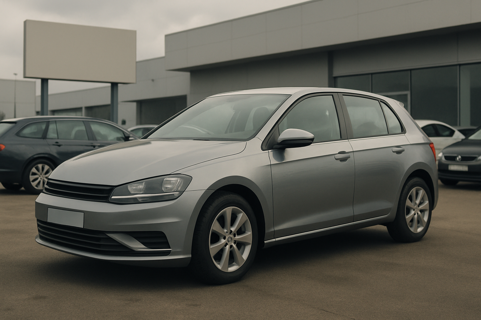 A silver hatchback car parked outside a modern dealership on an overcast day, with blank signage and other cars nearby