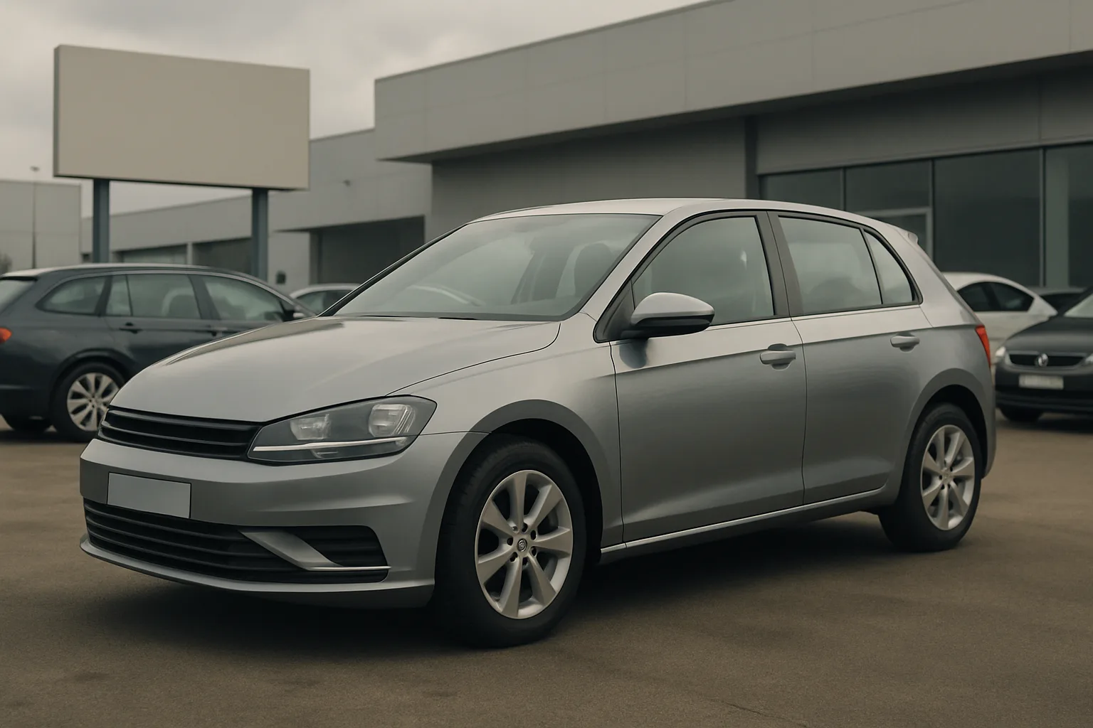 A silver hatchback car parked outside a modern dealership on an overcast day, with blank signage and other cars nearby
