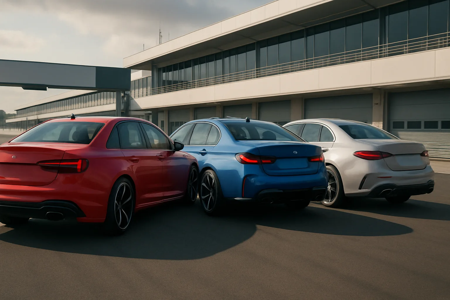 Three glossy cars in red, blue, and silver are parked side by side on a sunlit tarmac in front of a modern building