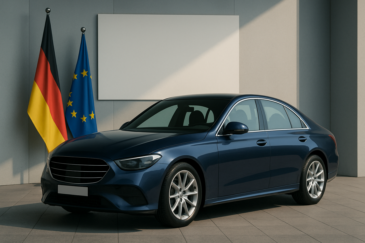 Dark blue sedan parked indoors near German and European Union flags, with soft daylight and grey walls in the background