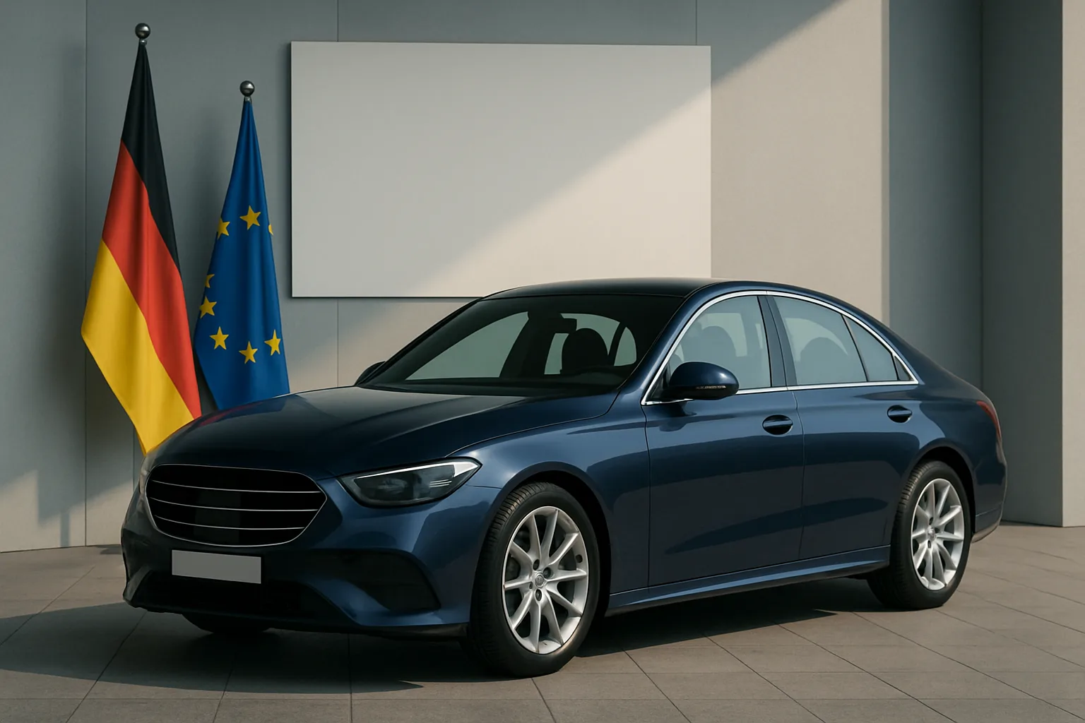 Dark blue sedan parked indoors near German and European Union flags, with soft daylight and grey walls in the background