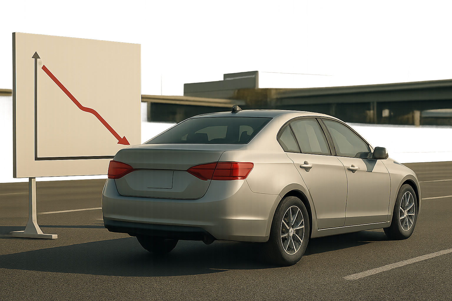 A light grey sedan parked on tarmac beside a white sign with a bold red downward arrowed graph on it