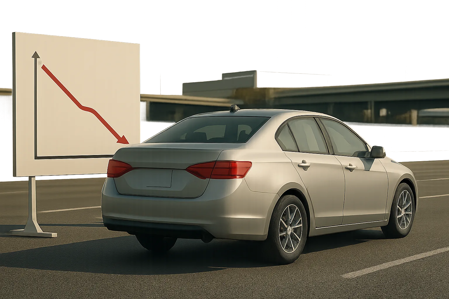 A light grey sedan parked on tarmac beside a white sign with a bold red downward arrowed graph on it
