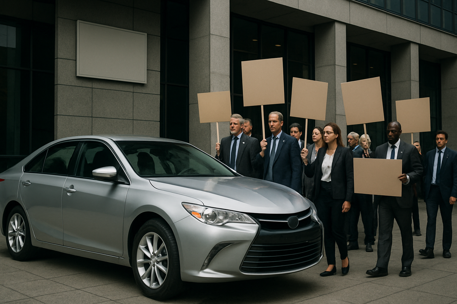 A group of formally dressed people holding blank protest signs stands on a gray stone plaza beside a silver sedan