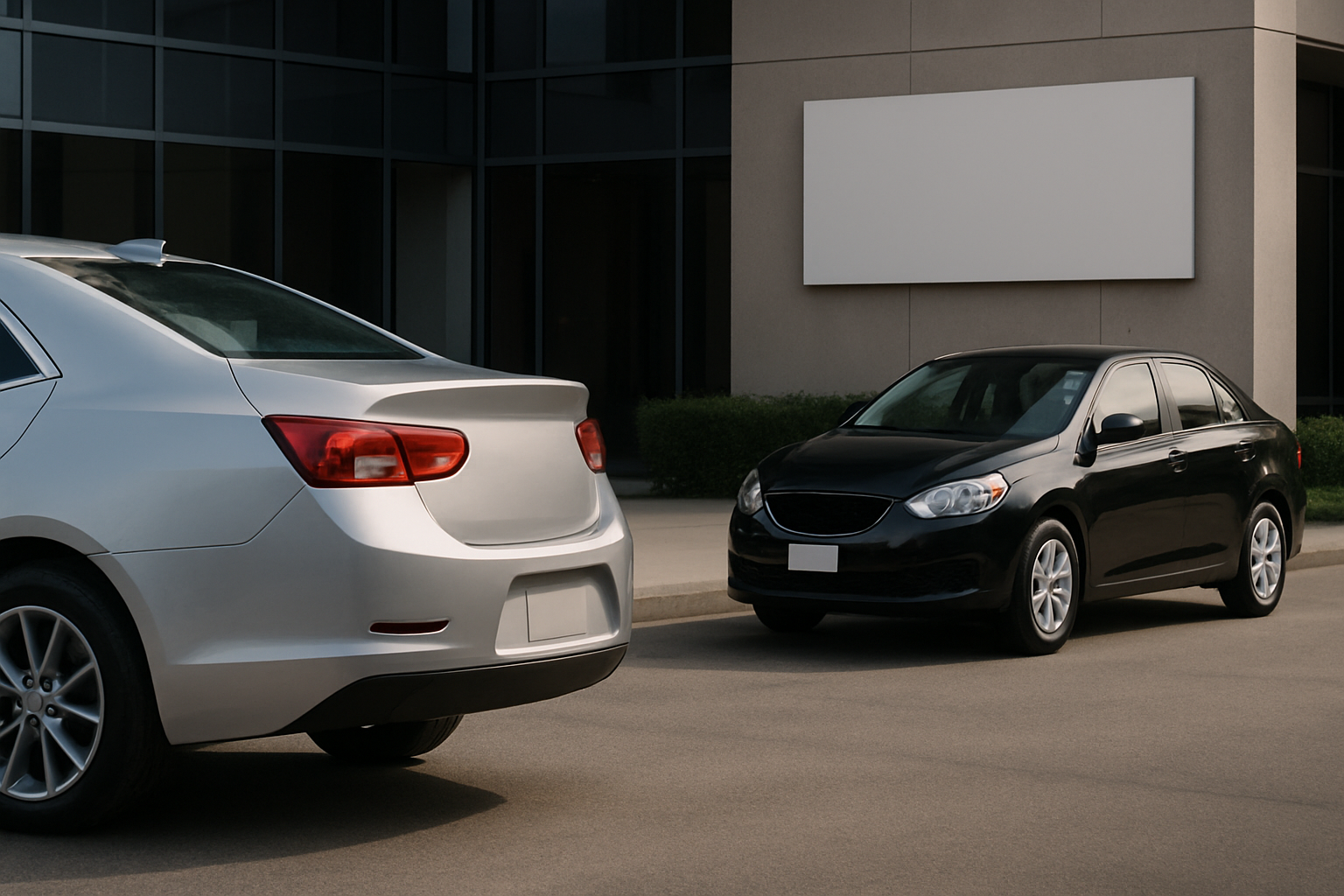 A silver car and a black car parked on a smooth driveway beside a modern office building with large windows
