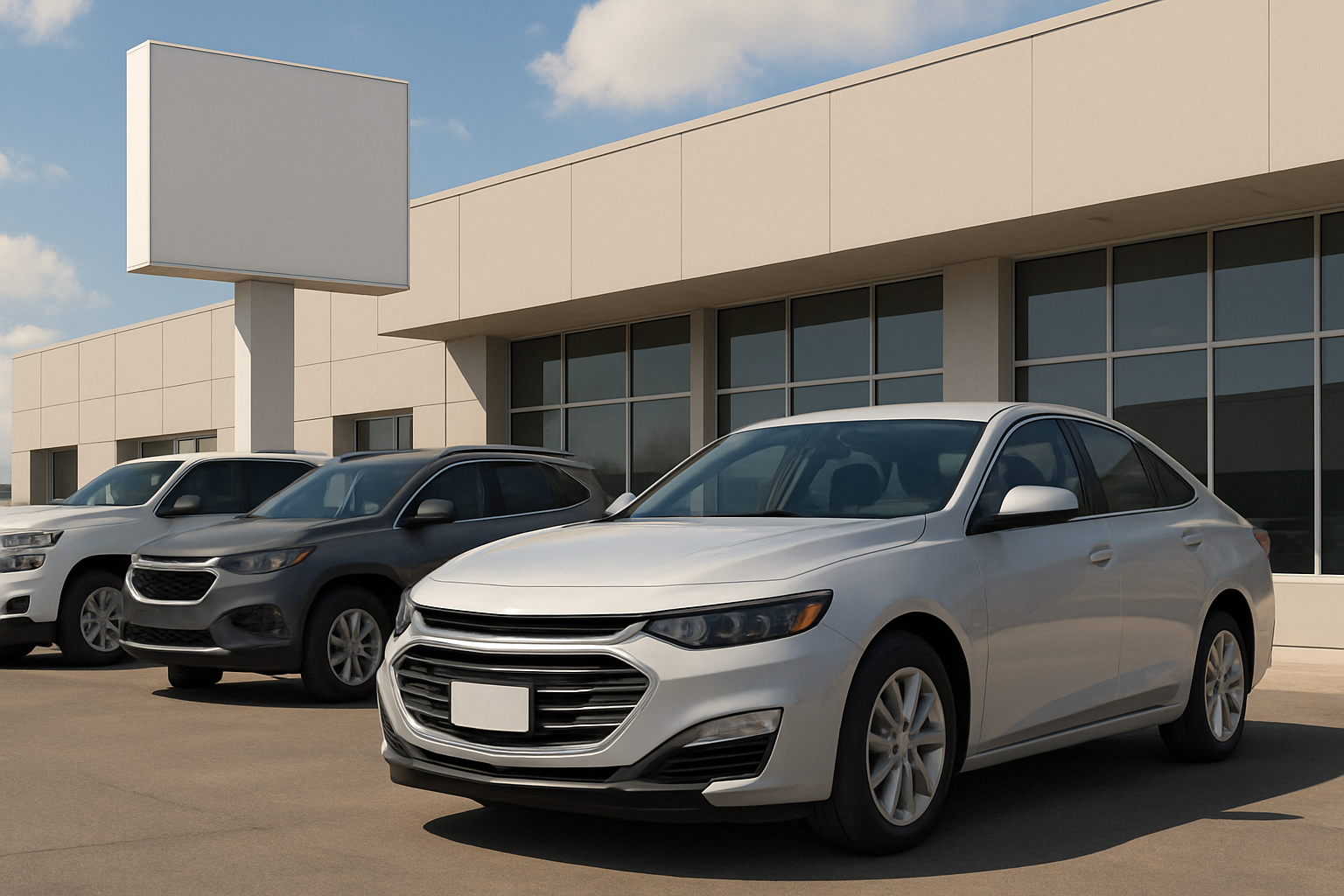Three new silver and gray sedans parked on clean asphalt outside a modern building with large windows and a blank sign