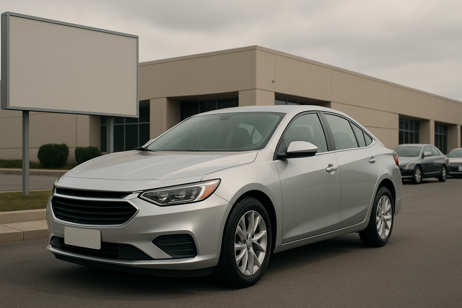 A silver sedan parked on an empty asphalt lot beside a low, beige commercial building under an overcast sky