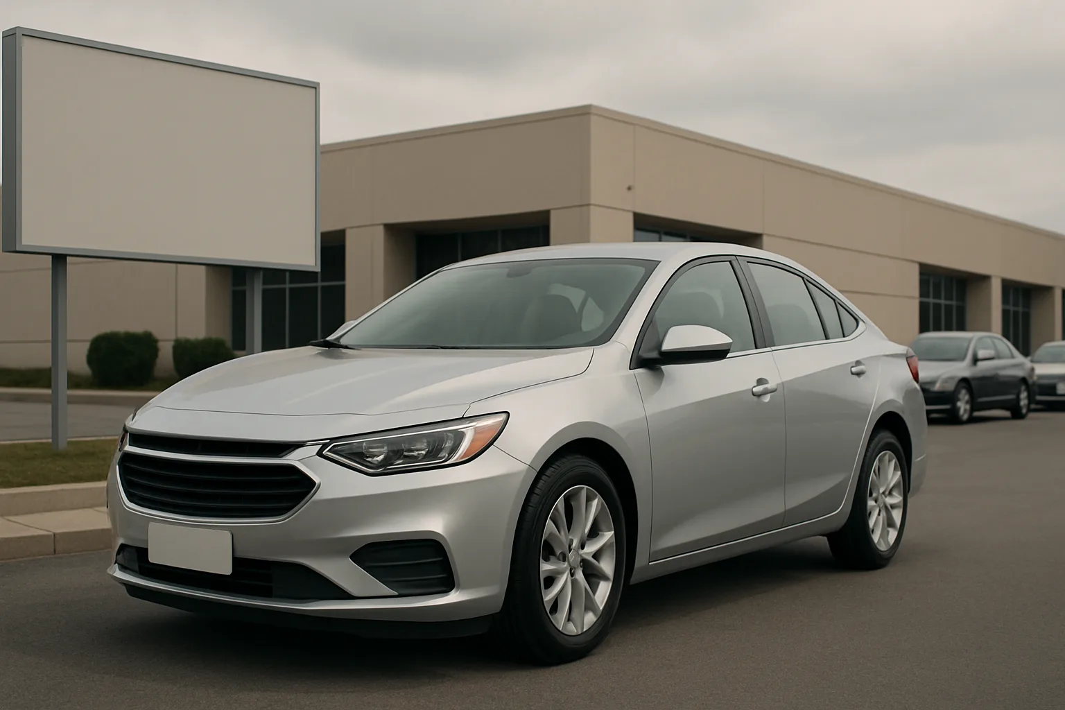 A silver sedan parked on an empty asphalt lot beside a low, beige commercial building under an overcast sky