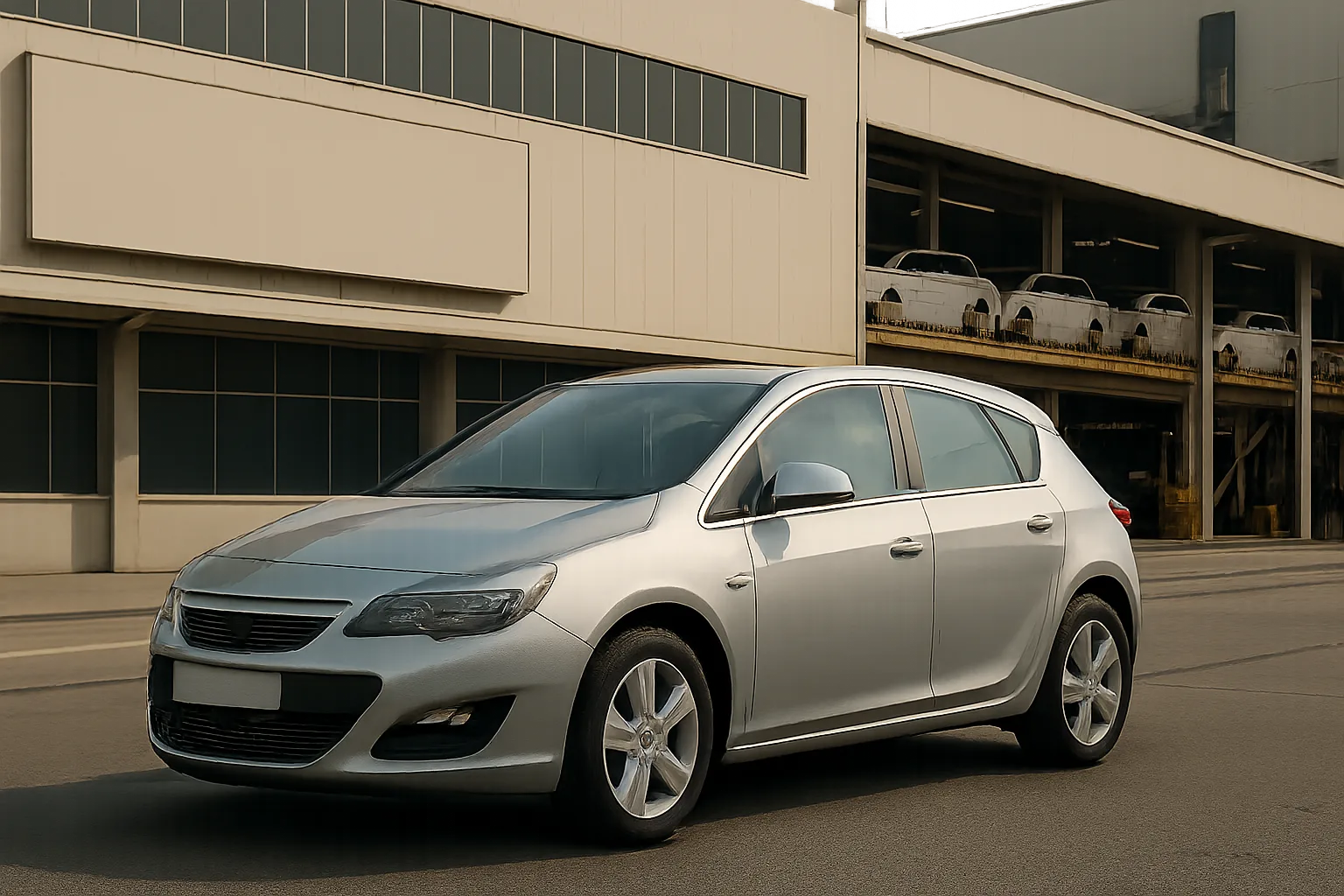 A silver hatchback car parked on an empty road in front of a beige industrial building with windows and cars on an upper-level conveyor