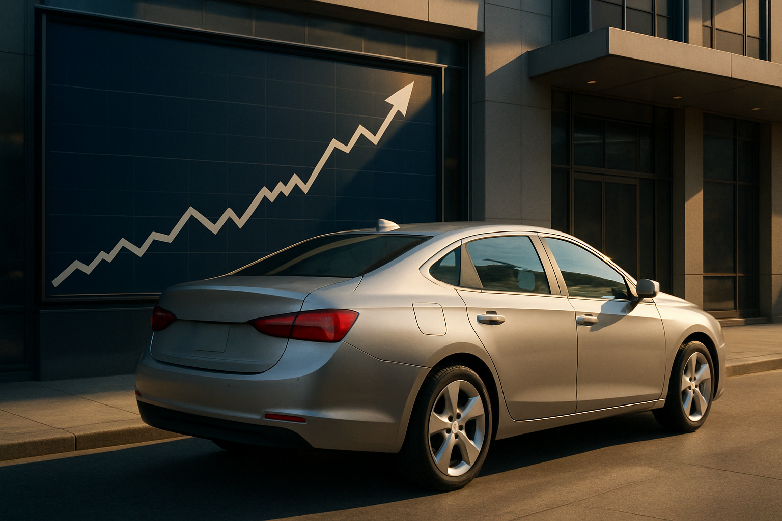 Silver sedan parked on a sunlit city street in front of a large upward-trending stock chart on a dark blue wall