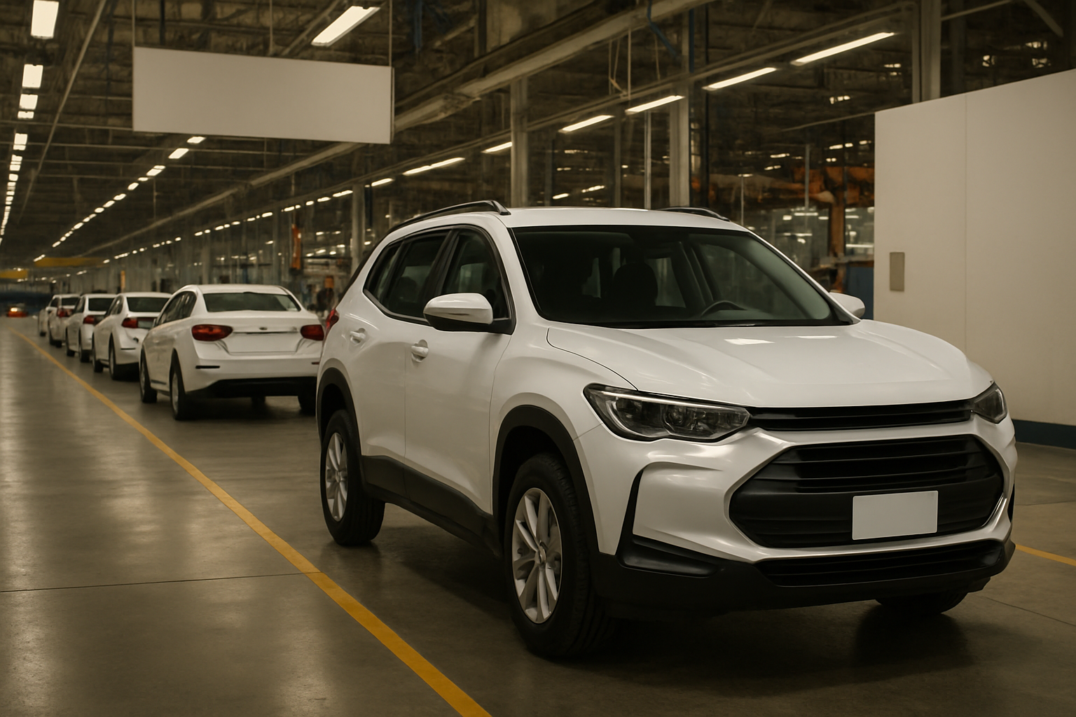 White SUVs and sedans lined up inside a brightly lit, spacious car factory with a polished concrete floor
