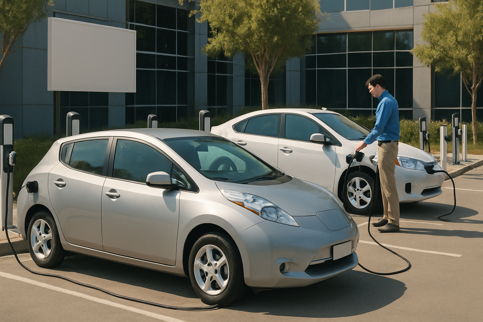 Two silver electric cars parked side by side while a man in a blue shirt connects a charging cable on a sunny day