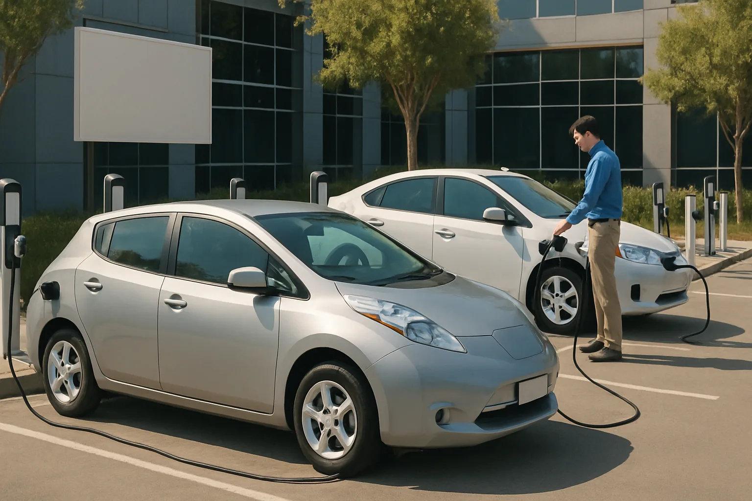 Two silver electric cars parked side by side while a man in a blue shirt connects a charging cable on a sunny day
