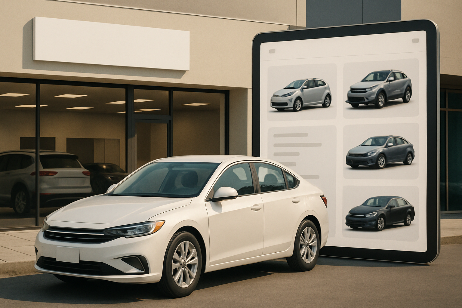 A white sedan parked outside a beige dealership beside a giant tablet displaying six car images on a grey interface