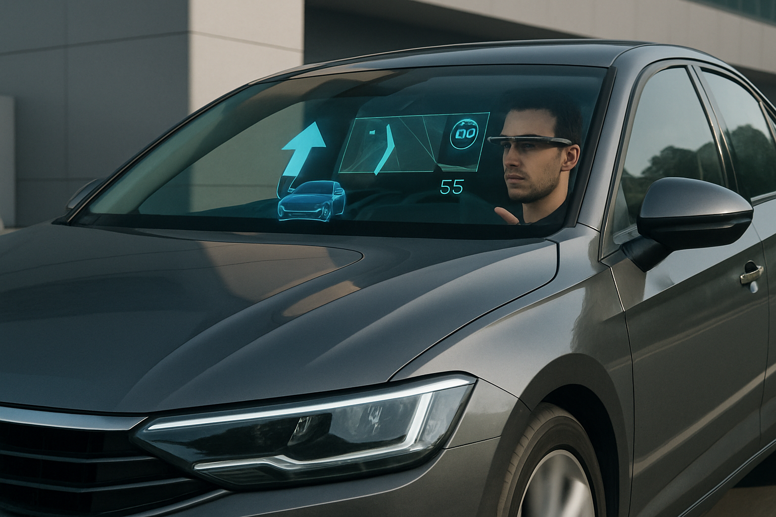 Man wearing smart glasses sits in a grey car with blue digital graphics projected onto the windscreen