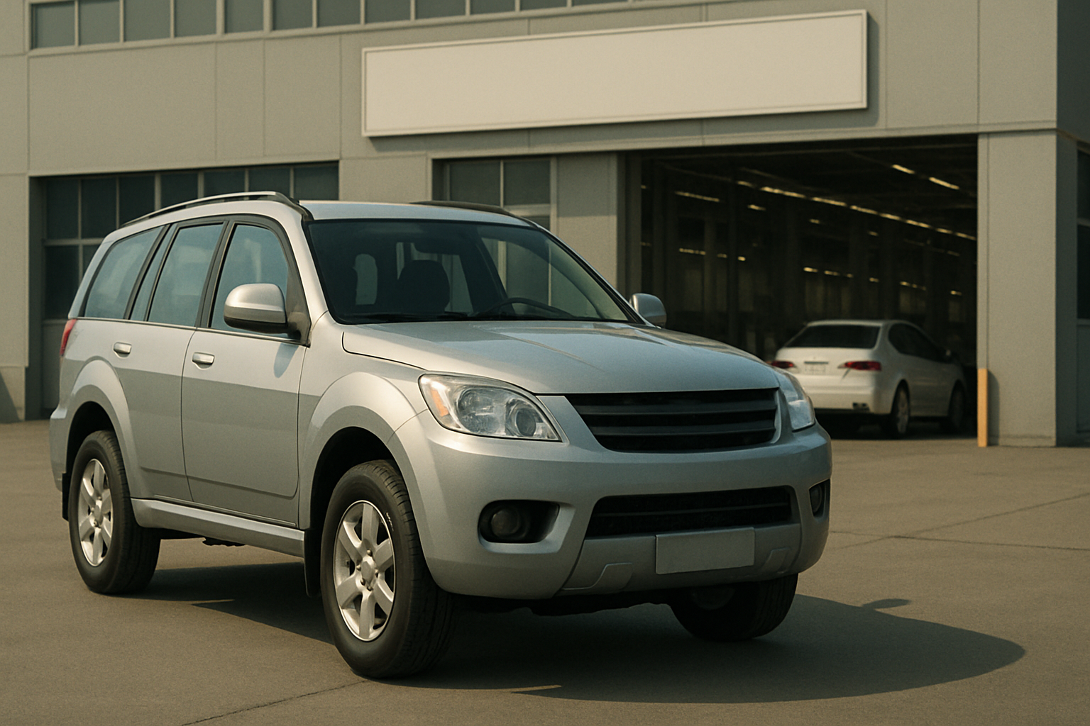 Silver SUV parked on sunlit concrete outside a modern industrial building with large garage doors and blank signage