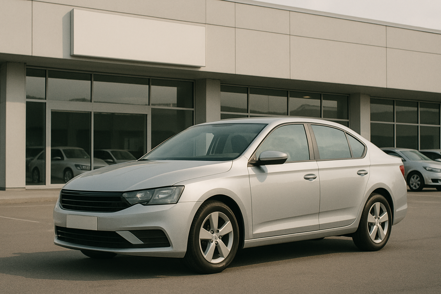 A matte silver sedan parked in an empty lot outside a nondescript car dealership with overcast lighting