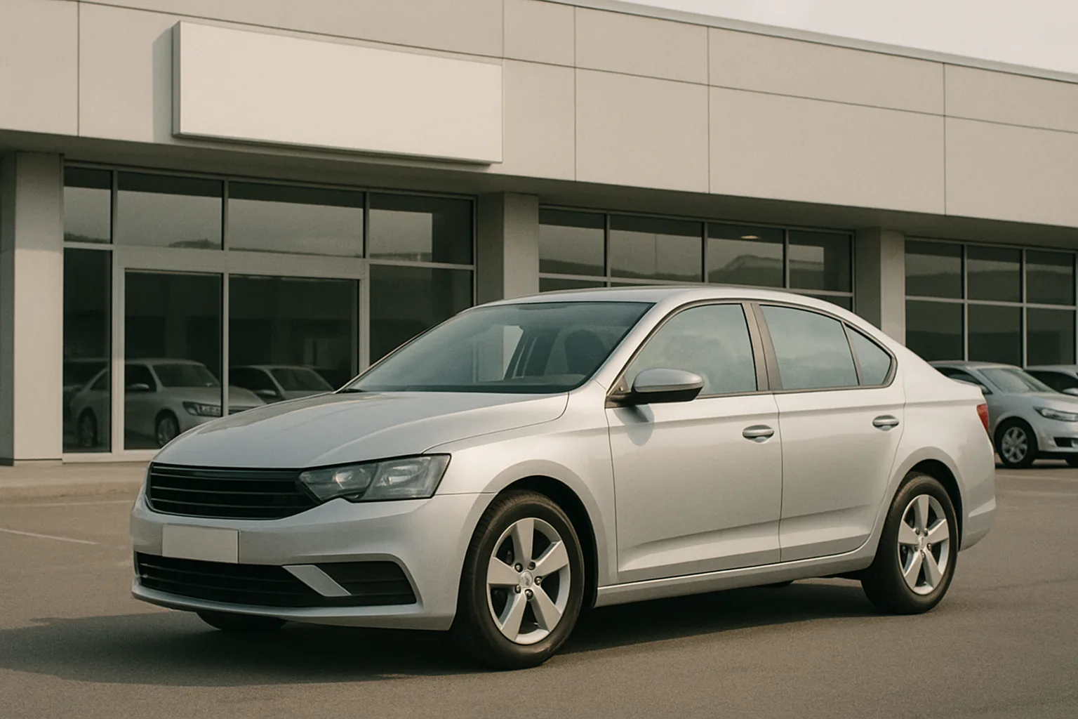 A matte silver sedan parked in an empty lot outside a nondescript car dealership with overcast lighting