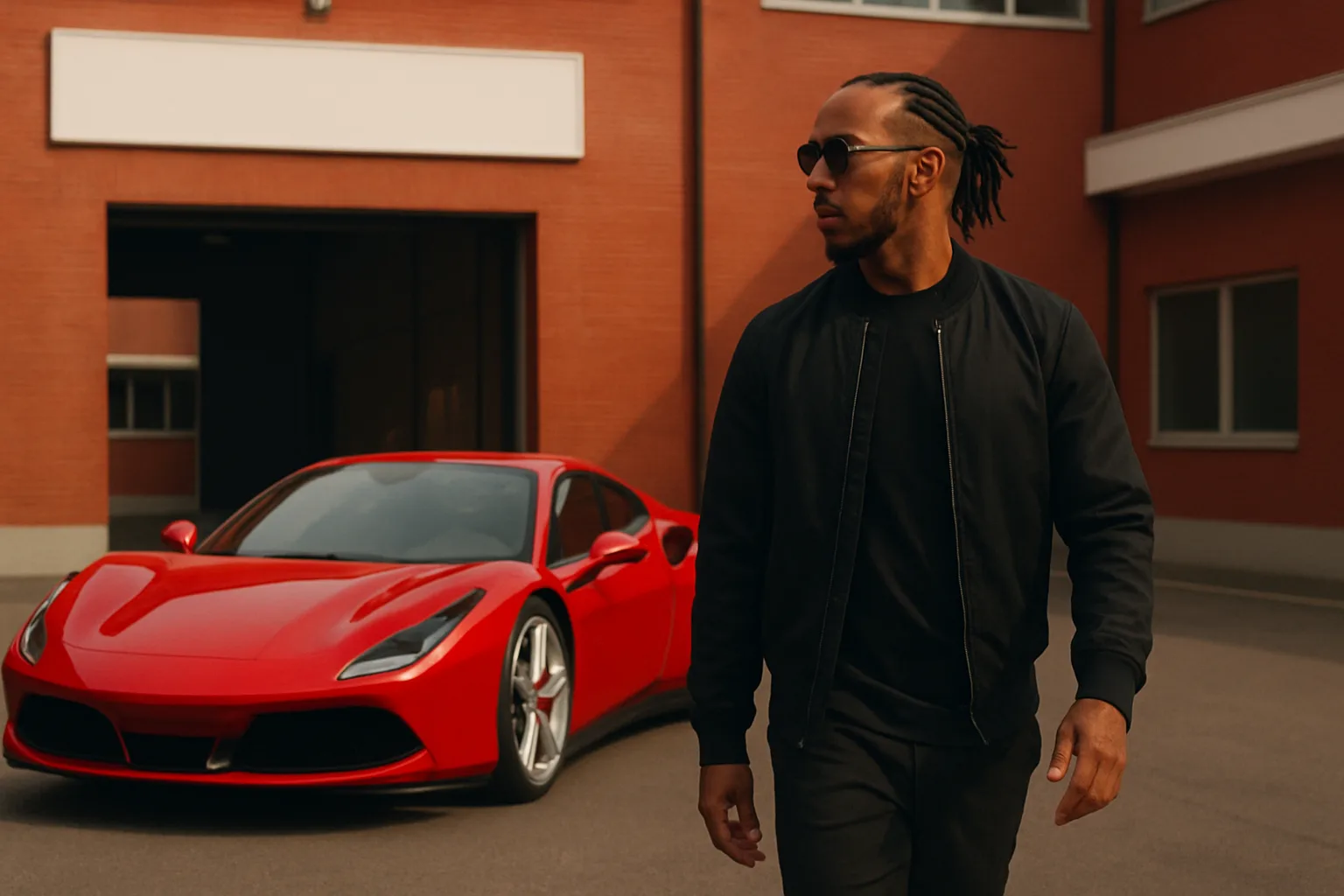 A man in black clothing and sunglasses walks in front of a sleek red sports car by a modern red-brick building