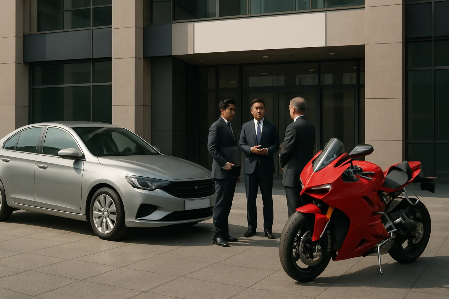 Three men in business suits converse outside a modern building beside a silver car and a bright red sport motorcycle