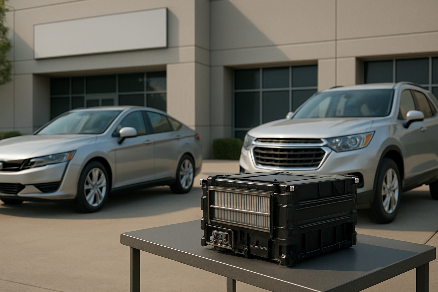 A black rectangular mechanical unit sits on a metal table outdoors, with two silver cars and a beige building in the background