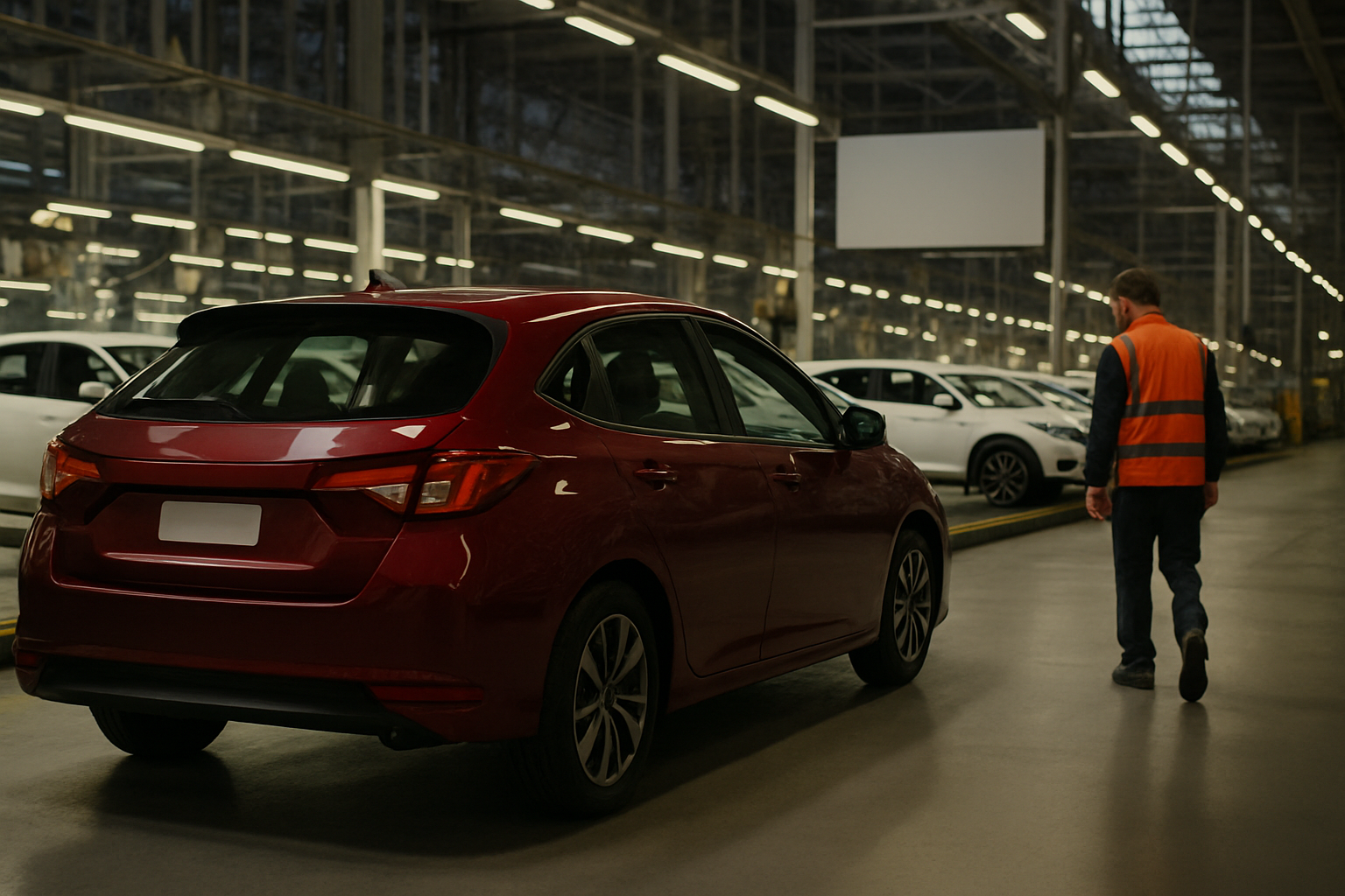 A worker in an orange safety vest walks past a line of parked red and white cars inside a brightly lit factory