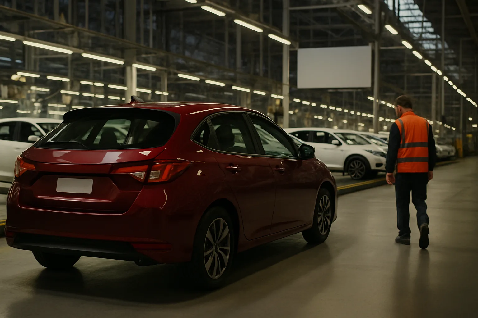 A worker in an orange safety vest walks past a line of parked red and white cars inside a brightly lit factory
