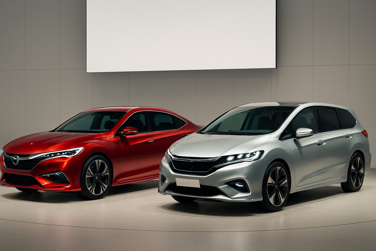 Sleek red sedan and silver minivan with glossy finishes displayed under bright, even exhibition lighting