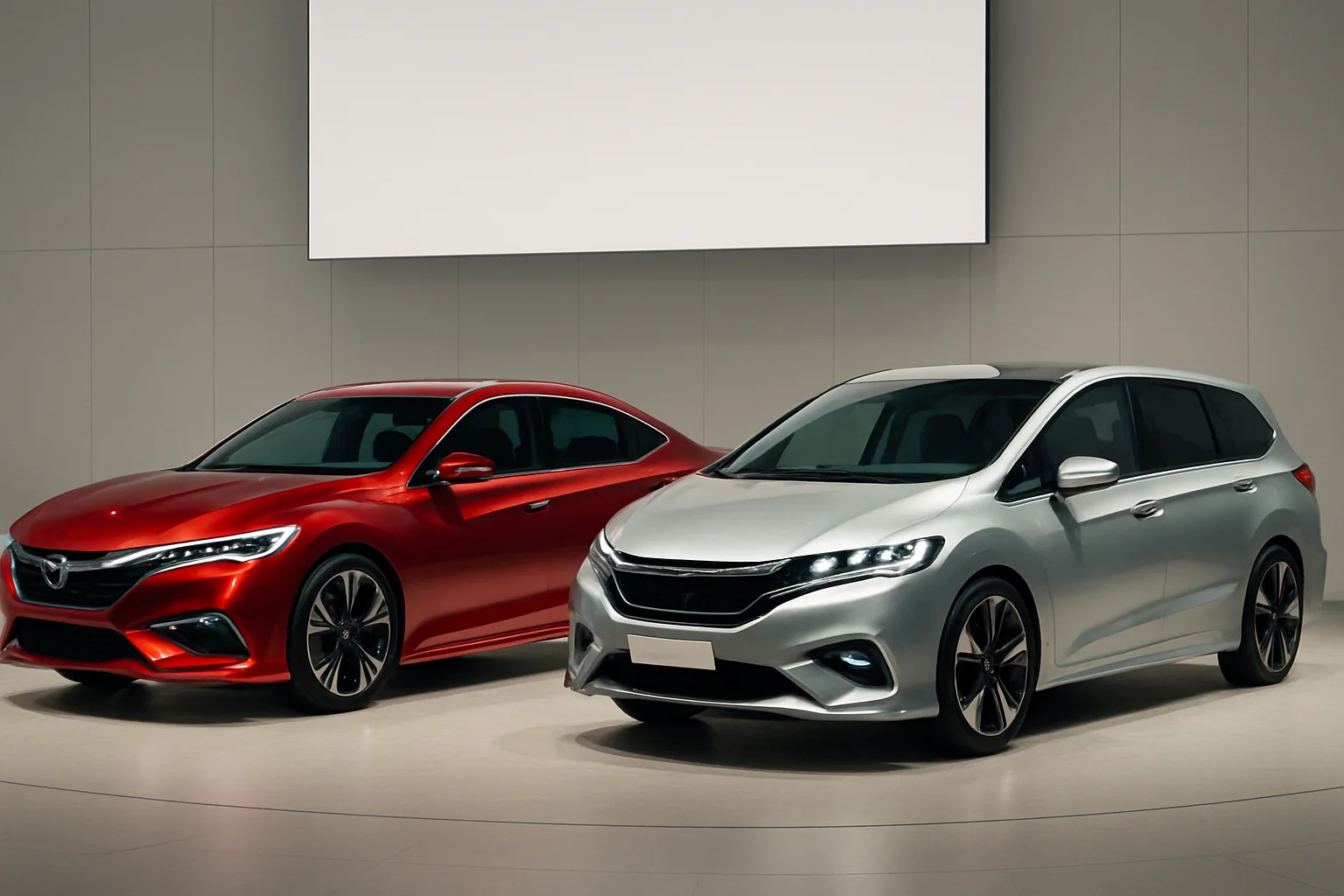 Sleek red sedan and silver minivan with glossy finishes displayed under bright, even exhibition lighting