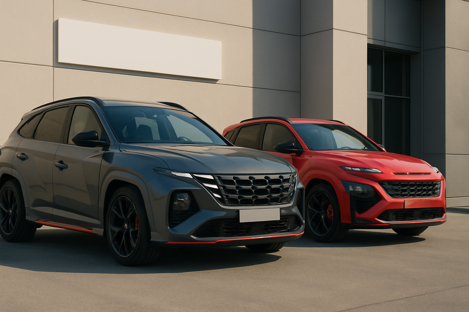 Two matte-finish SUVs, one dark grey and one red, parked side by side in sunlight against a modern concrete building