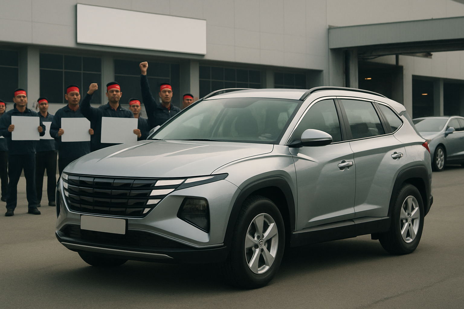 A silver SUV parked on an industrial lot with people in red headbands holding blank signs and raising fists in the background