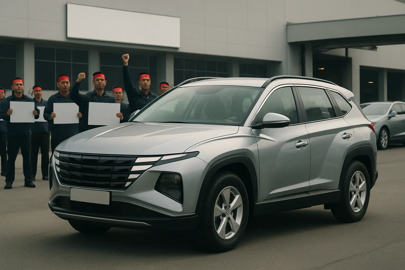 A silver SUV parked on an industrial lot with people in red headbands holding blank signs and raising fists in the background