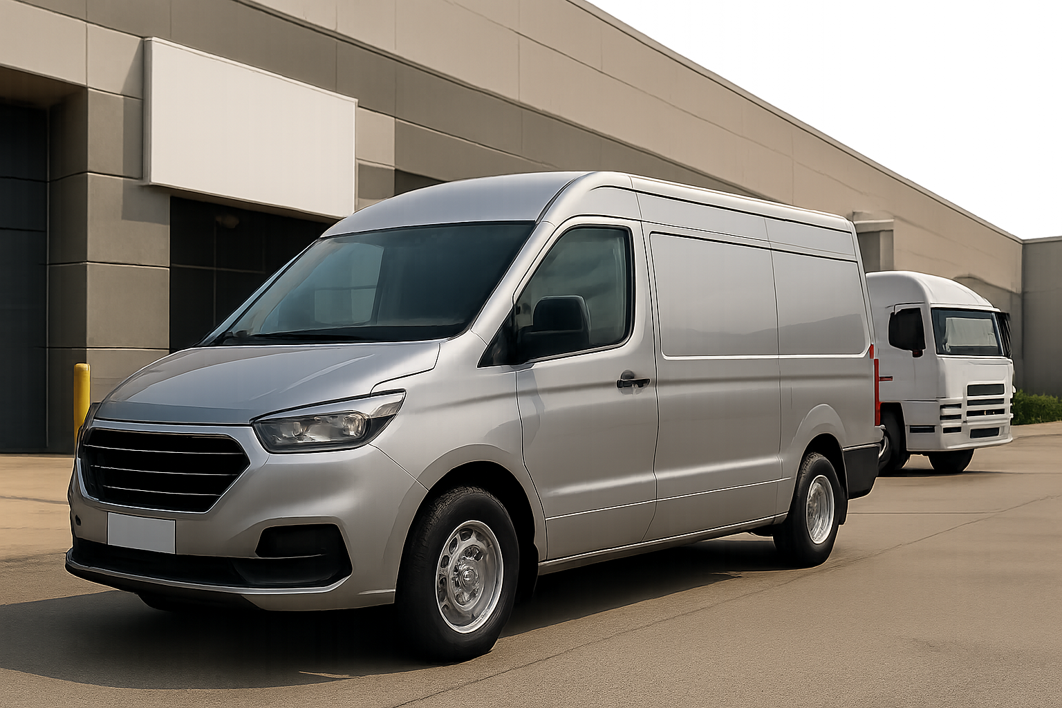 Two silver vans parked on a smooth driveway outside a modern industrial building under bright daylight