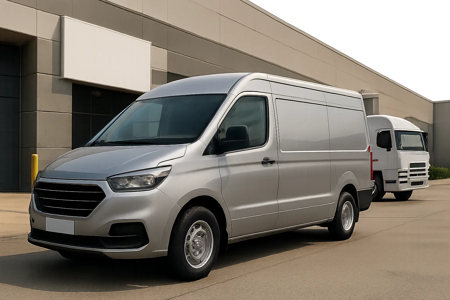 Two silver vans parked on a smooth driveway outside a modern industrial building under bright daylight