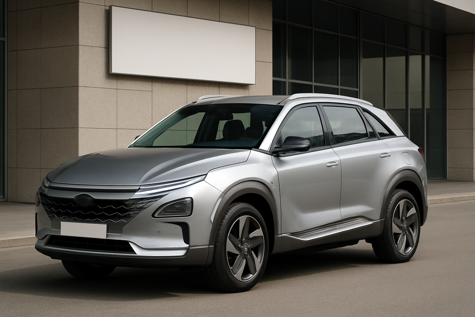 Silver SUV with sleek curves and geometric headlights parked on a smooth road beside a modern glass and stone building