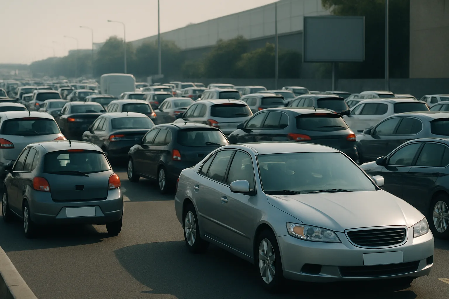 Rows of generic grey and silver cars fill a multi-lane highway under hazy daylight with trees and sound barriers in the background