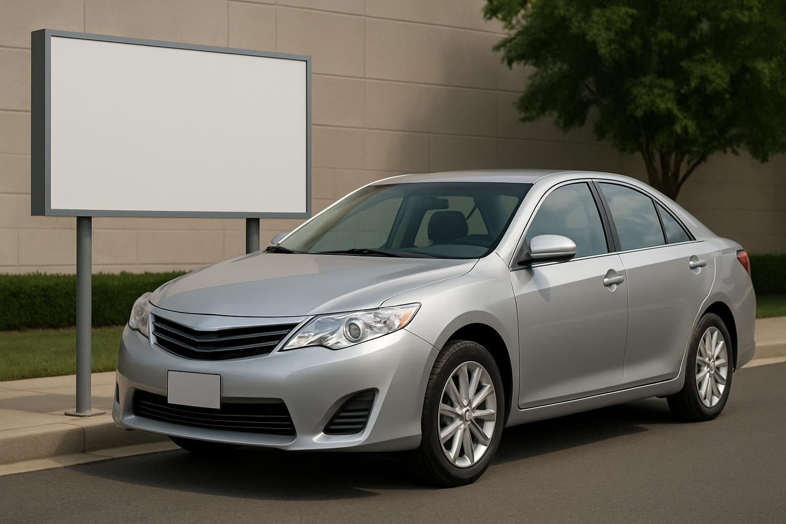 A silver sedan parked on asphalt beside a blank white sign and a beige brick wall, with green trees in the background