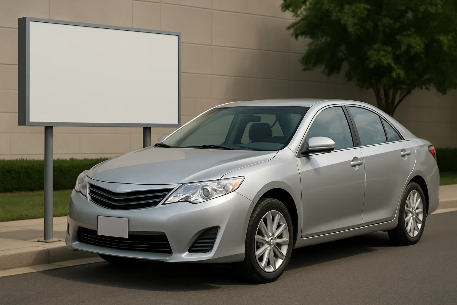 A silver sedan parked on asphalt beside a blank white sign and a beige brick wall, with green trees in the background