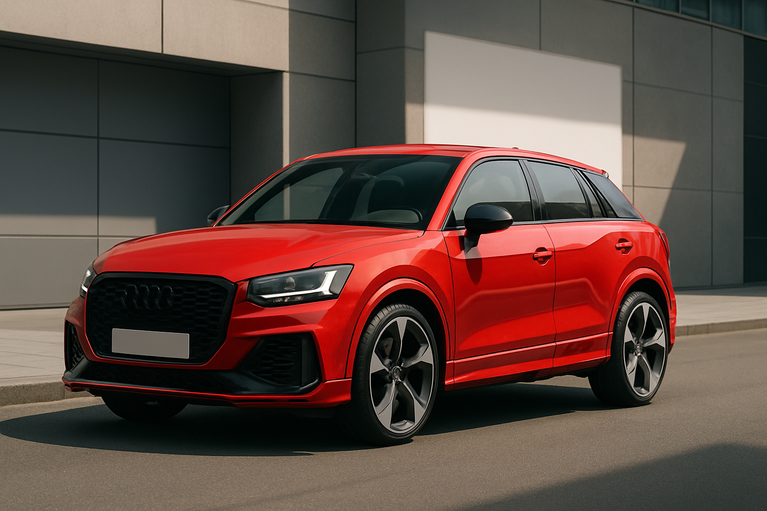 Bright red compact SUV with black accents and large alloy wheels parked on a sunlit street beside modern buildings