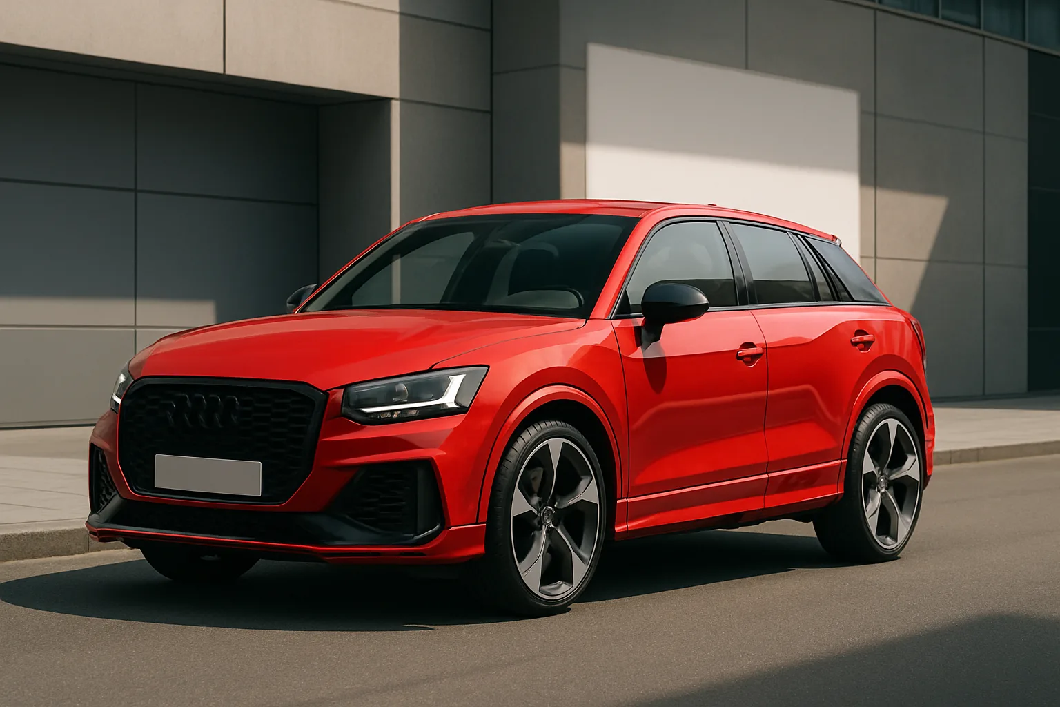 Bright red compact SUV with black accents and large alloy wheels parked on a sunlit street beside modern buildings