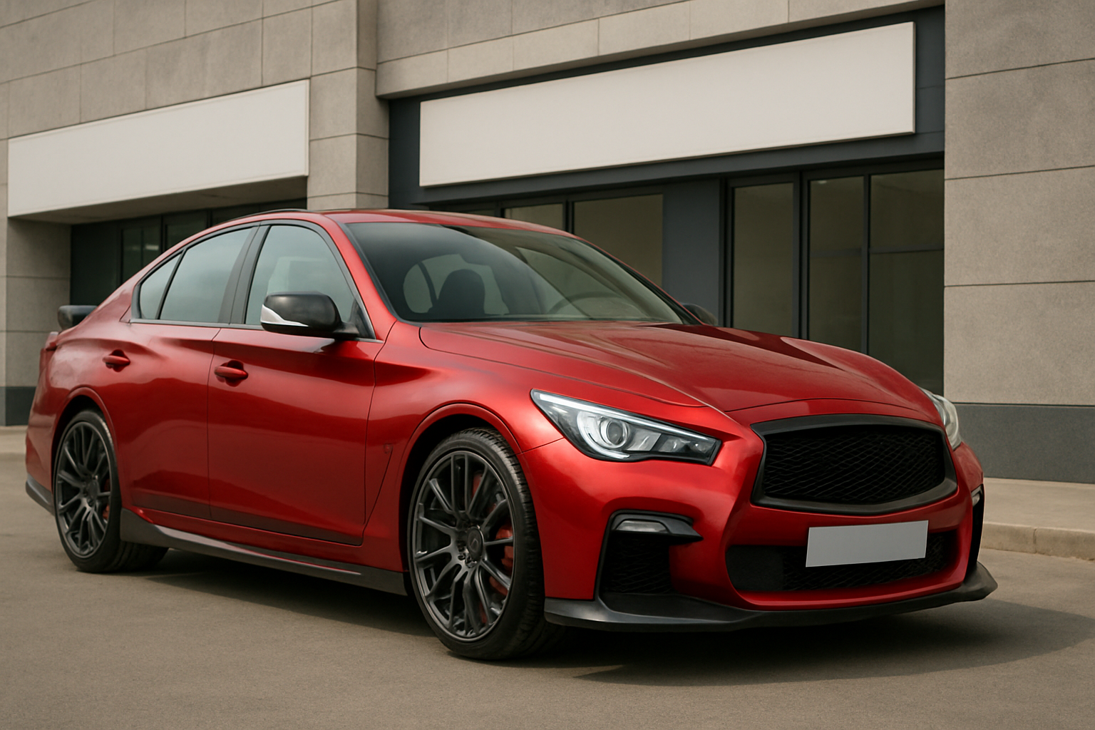 A sleek red sedan with dark alloy wheels parked on a smooth surface in front of a modern, light-grey building