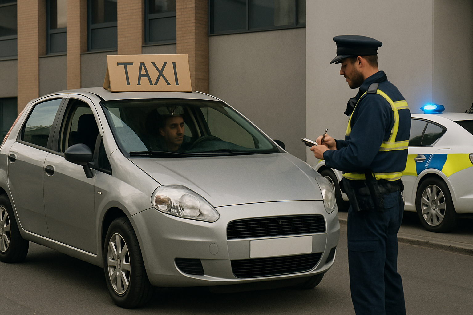 A uniformed police officer writes on a notepad beside a silver car with a cardboard “TAXI” sign on its roof