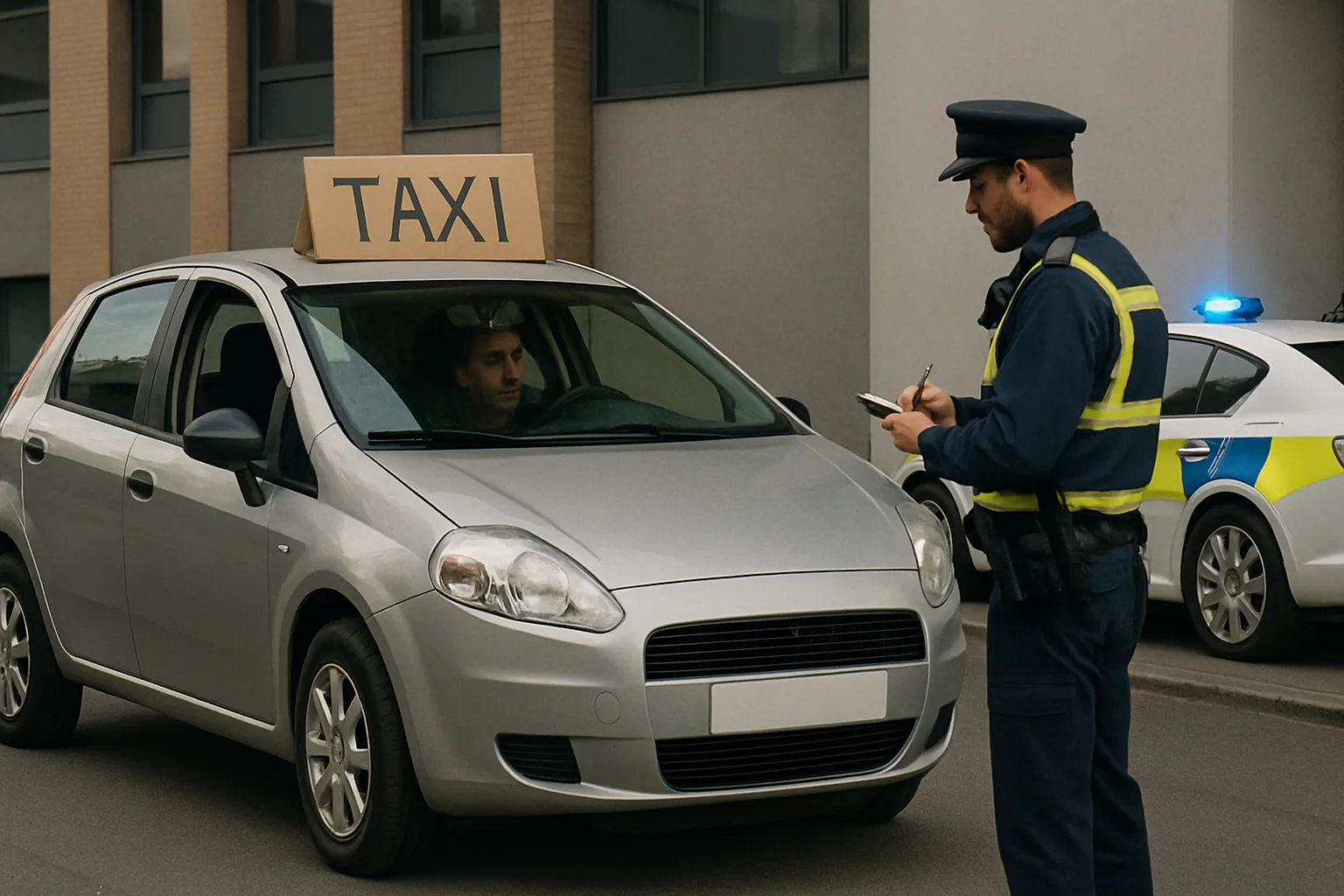 A uniformed police officer writes on a notepad beside a silver car with a cardboard “TAXI” sign on its roof
