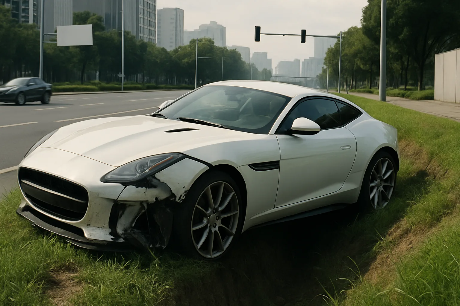 A sleek white sports car with front-end damage rests in a grassy ditch beside a wide city street under overcast light