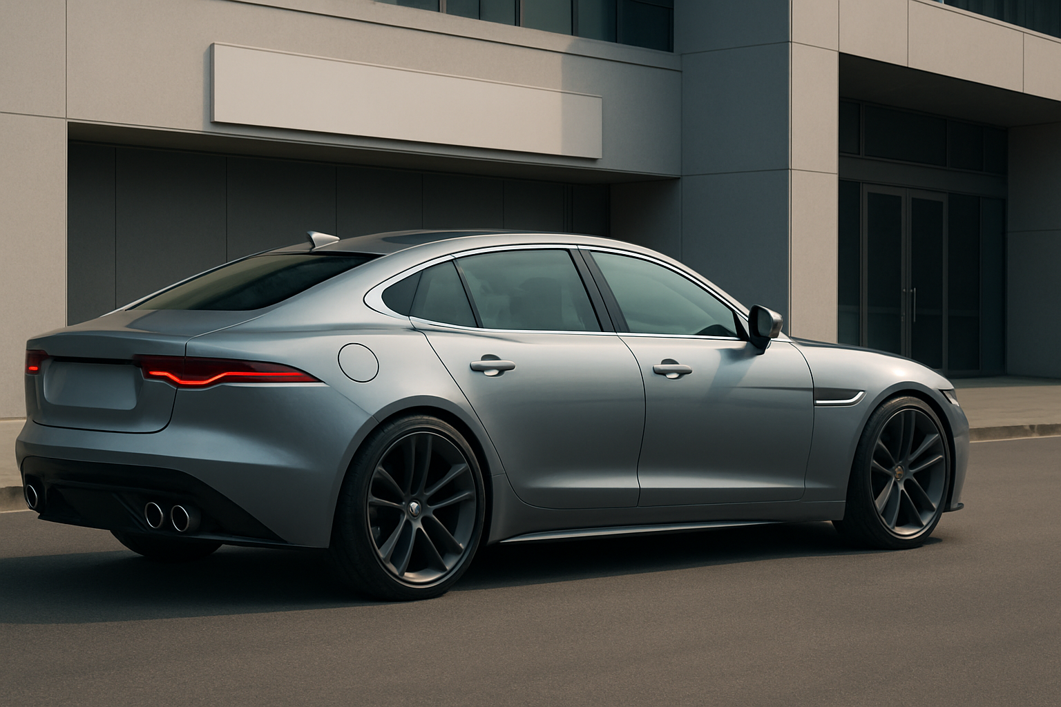 Sleek metallic silver four-door coupe with tinted windows and slim red tail lights parked beside a modern building