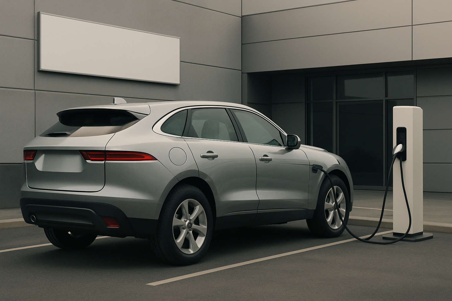 Sleek silver SUV parked beside a modern white charging station in a minimalist, grey-toned urban setting