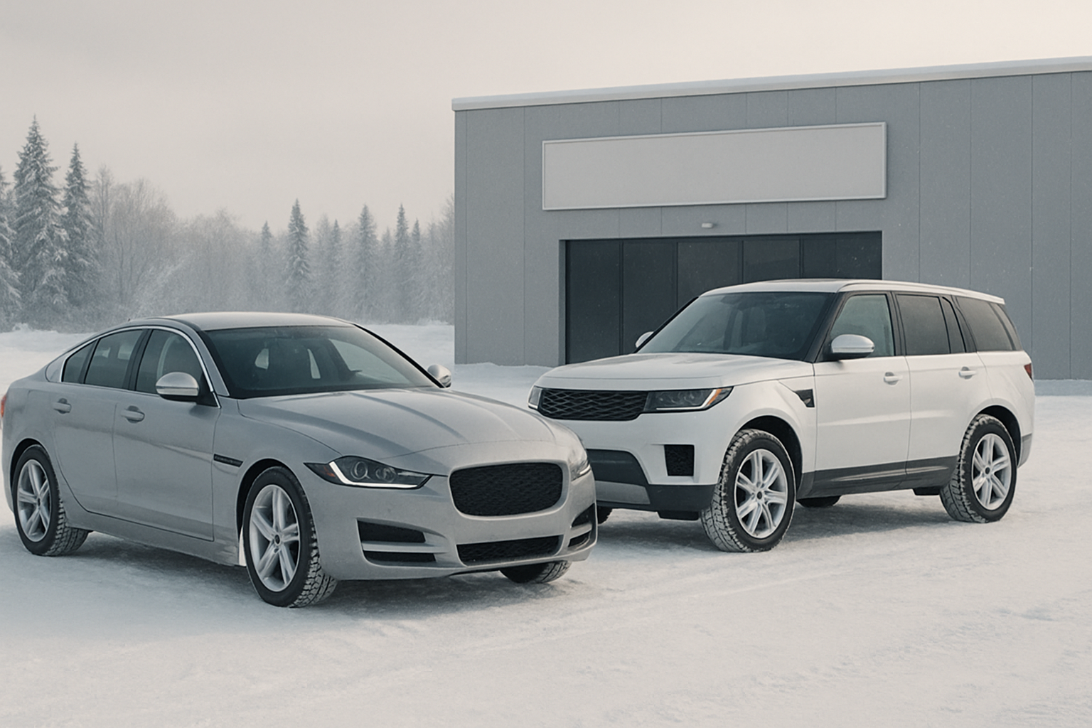 Two modern cars, one silver and one white, parked on snow in front of a grey building with frosted trees in the background