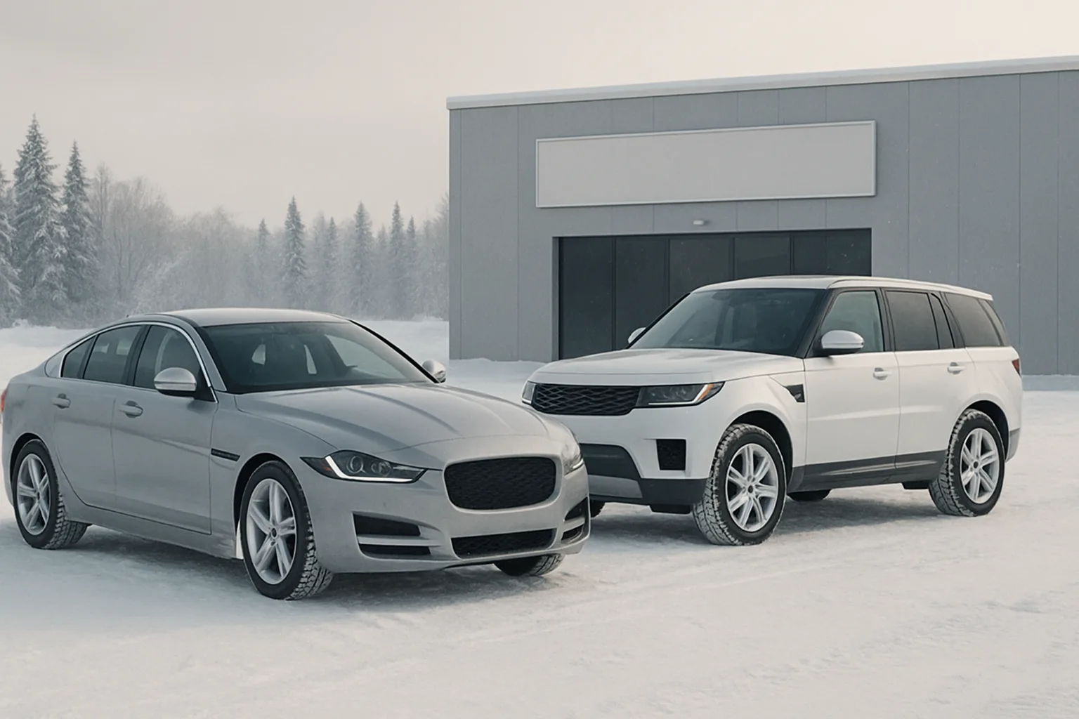 Two modern cars, one silver and one white, parked on snow in front of a grey building with frosted trees in the background