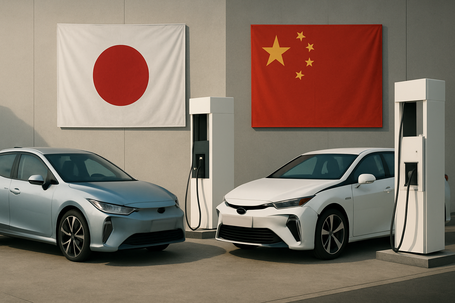 Two white cars parked at electric charging stations beneath large Japanese and Chinese flags on a sunlit concrete forecourt